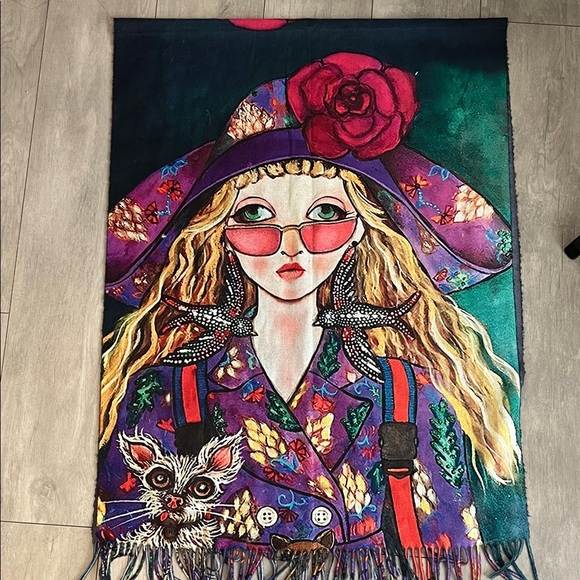 NWOT Colorful Artistic Lady Dog Wool Blend Double Sided Fabric Large Scarf - Picture 11 of 12